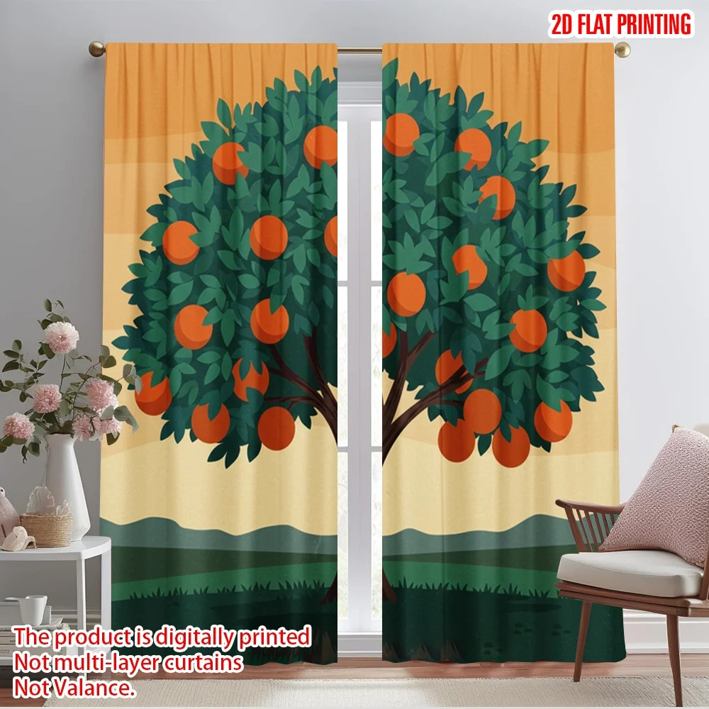 

2pcs 2D flat printing Curtains Orange Tree Fruits Harvest Polyester Without Electricity Holiday Decorations Use for Holiday