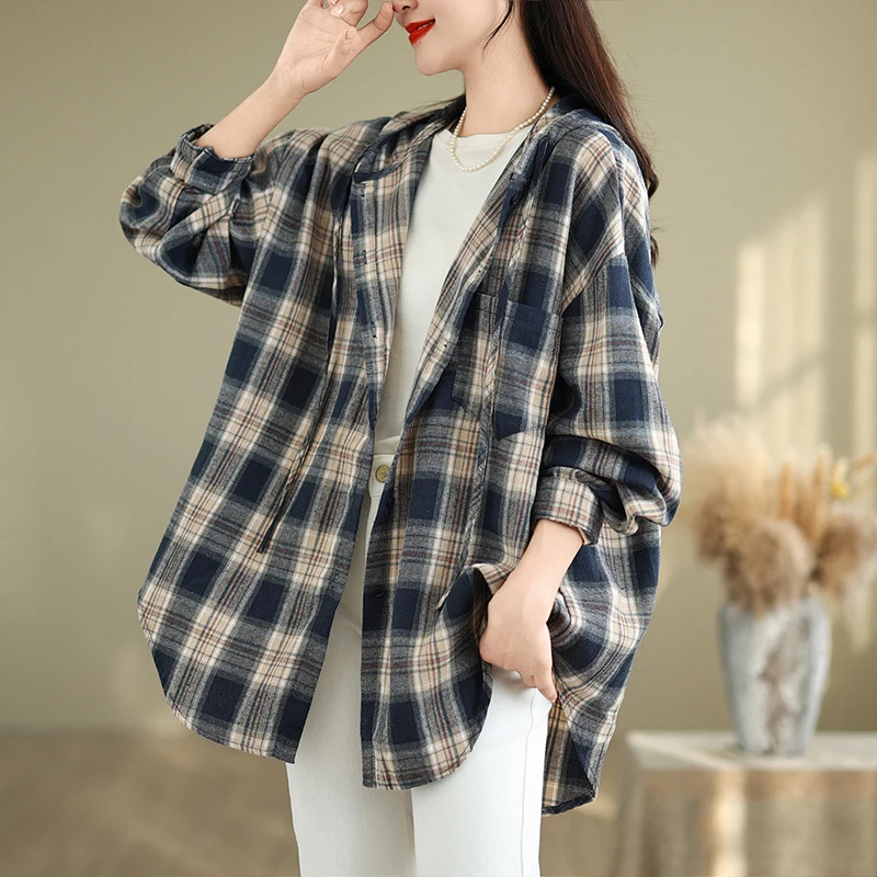 

Повседневная свободная рубашка в клетку из хлопка и льна с капюшоном, художественный винтажный женский топ, дышащий, с длинными рукавами, осенняя мода