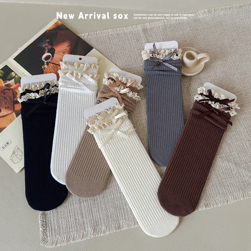 Girls Lace Bow Calf High Long Sock for Kids Sweet Beige Coffee Color Bow Ruffle Sock Children Spring Autumn Cotton School Sock