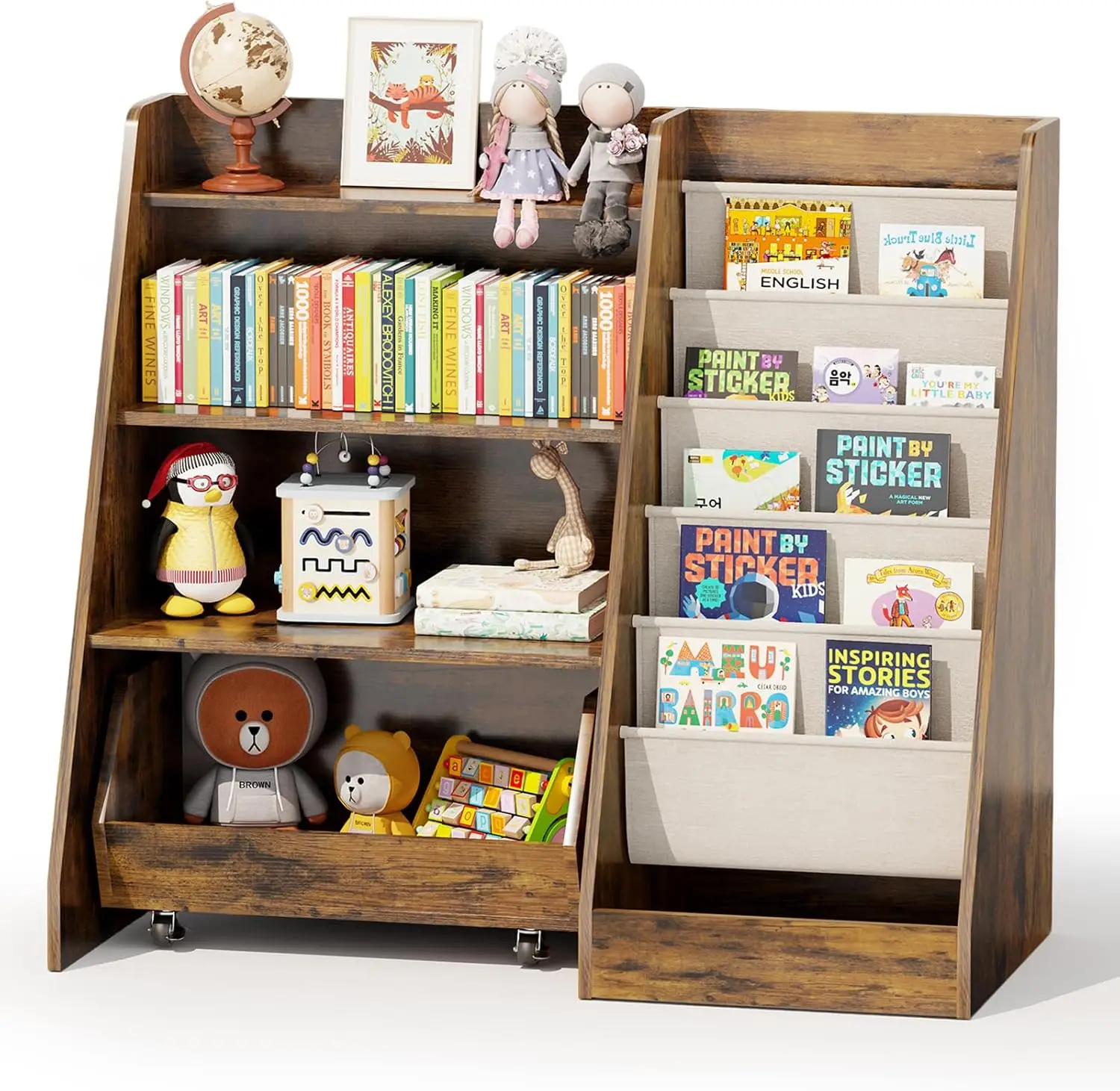 

4-Tier Kids Bookshelf with Movable Drawer and Sling Pockets, Montessori Toy Storage for Nursery in Brown