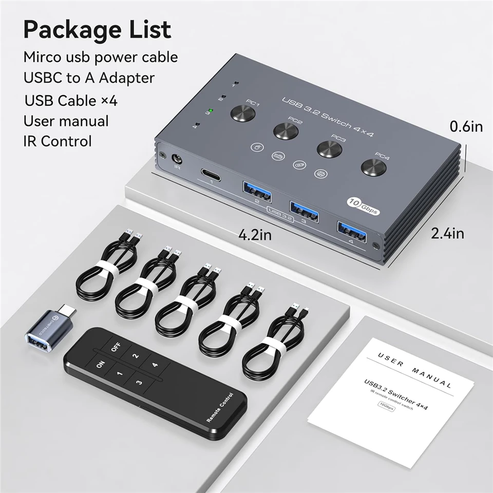 Navceker 10 Gbit/s 4 Eingänge 4 Ausgänge USB-Switch-Wahlschalter 4x4 KVM-Switcher 3.2 Hub 2 PC 4 Hosts Teilen Sie 4 USB-Geräte für Tastaturdrucker