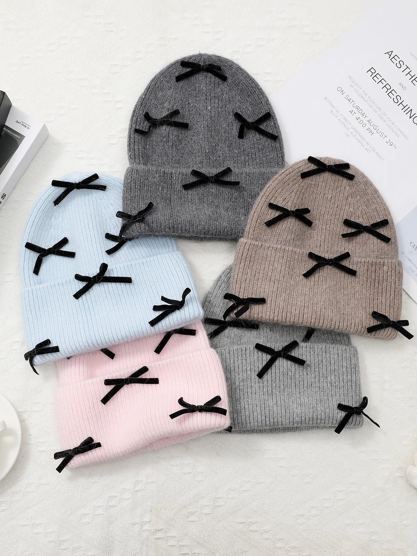 Winter Hats Woman Rabbit Fur Knitted Beanie Bow Ear Protection Keep Warm Baggy Cap Female Bonnet Casual Hats For Women