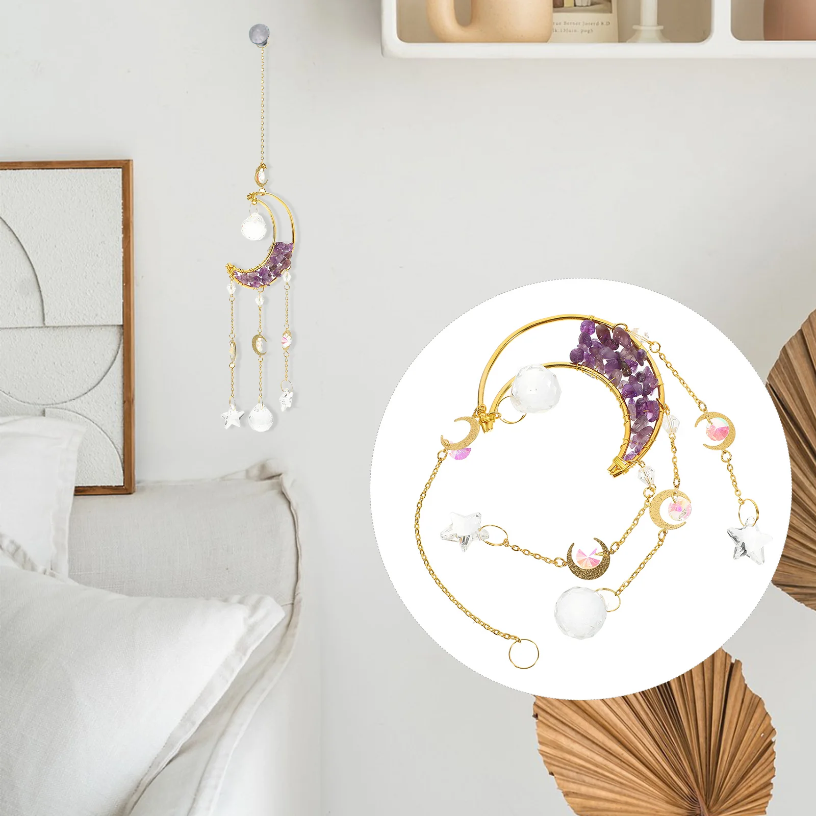 

Moon Shaped Glass Suncatcher Hanging Decor Metal Home Adornment Kit Elegant Rainbow Window nament Gift Women