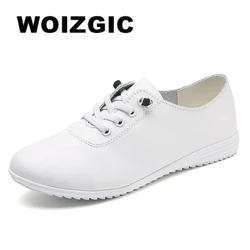 WOIZGIC 여성용 천연 가죽 플랫 슈즈 로퍼, 부드러운 모카신, 레이스업, 편안함