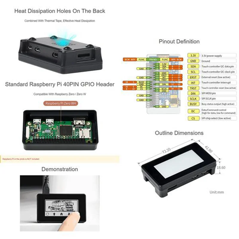 T24C 1Set Parts Accessories For Raspberry Pi Zero 2.13 Inch Multifunctional Portable Touch Ink Screen 250X122 Resolution With Ca