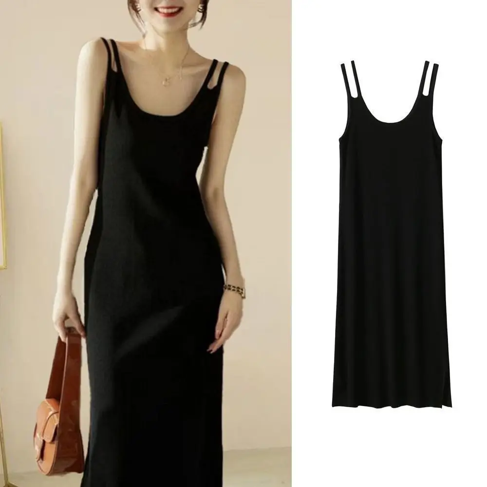 

Sleeveless Sling Dress Casual Black Loose and Comfortable Long Dress Round Neck Straps Tops for Women