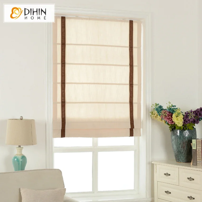 Modern White With Coffee Trims Window Curtain Linen/Cotton Roman Shade Blinds Curtain Drapes