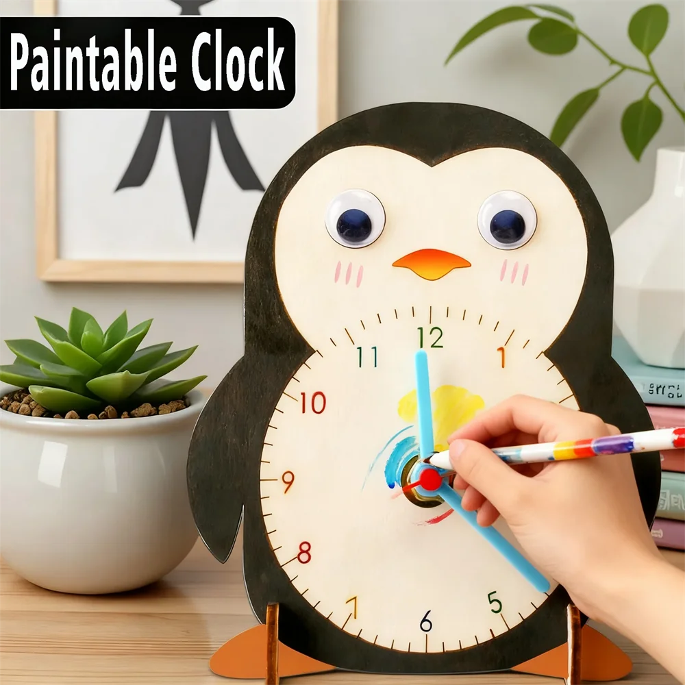 Wooden Desktop Clock Paintable Gifts for Children Kids Stem Science Physics Handmade DIY Kit Toy for Student Classroom Project