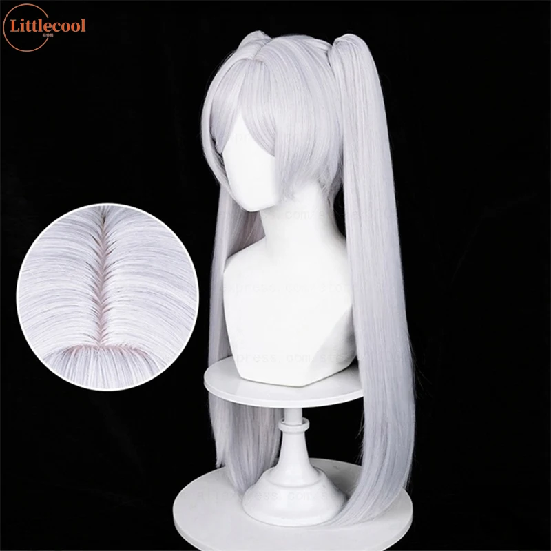 High Quality Anime Frieren Cosplay Wig Long Silver With Two Clip Ponytails Heat Resistant Synthetic Hair Wigs + Wig Cap image 3