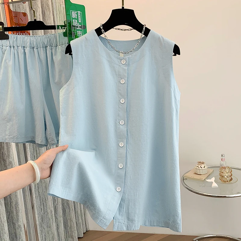 

Модный комплект из рубашки без рукавов и шорт свободного кроя с эластичной резинкой на талии, повседневный хлопковый костюм из двух предметов, летний наряд в корейском стиле