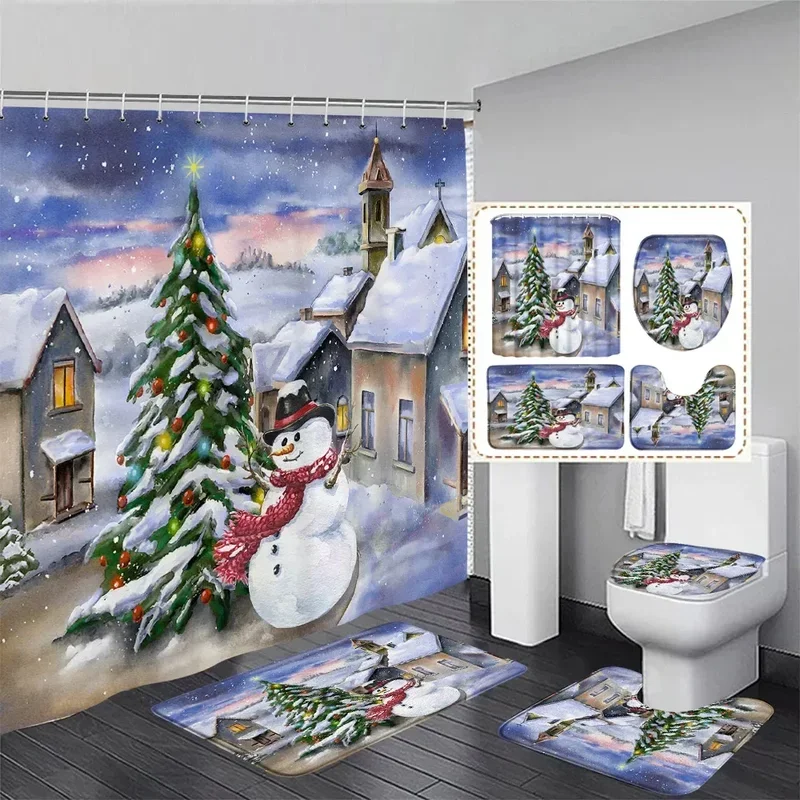 Winter Christmas shower curtain set cute snowman red birds gifts Forest Cedar New Year Xmas bathroom decor bath mat toilet cover