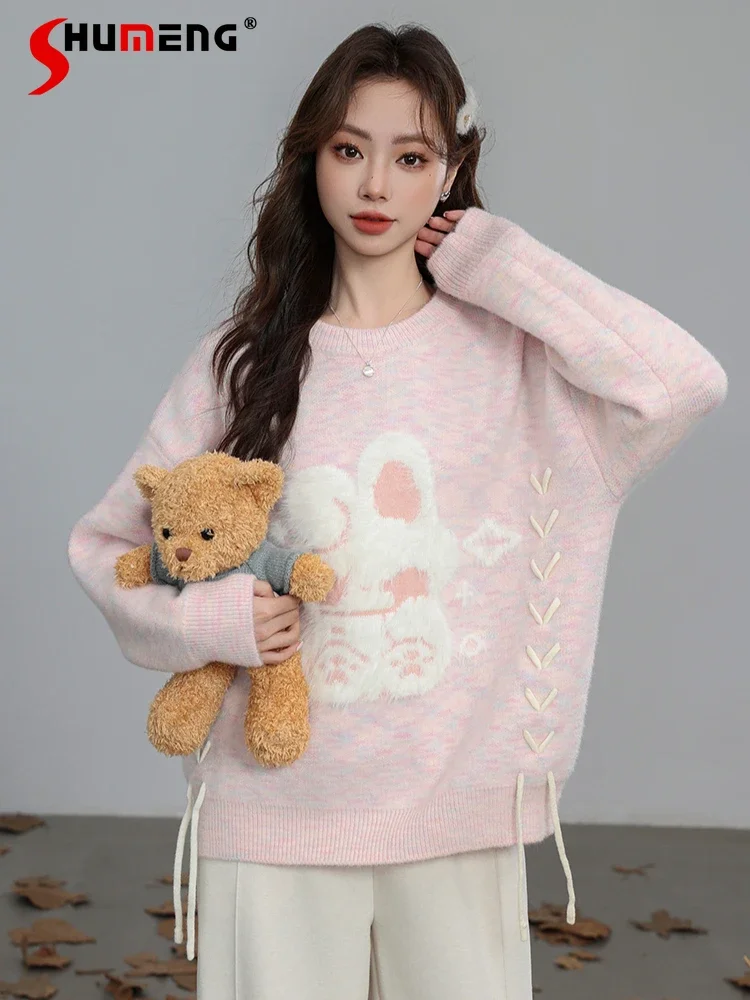 

Sweet Girl Cute Rabbit Crochet Lace-up Round Neck Long Sleeve Loose Versatile Pink Knitted Pullover Women Winter Sweaters Tops