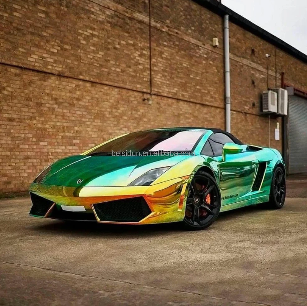 Cromo Arcobaleno Placca Pellicola in vinile verde PET verde Adesivo per carrozzeria auto Avvolgente Placca verde dorato Cromo lucido Arcobaleno