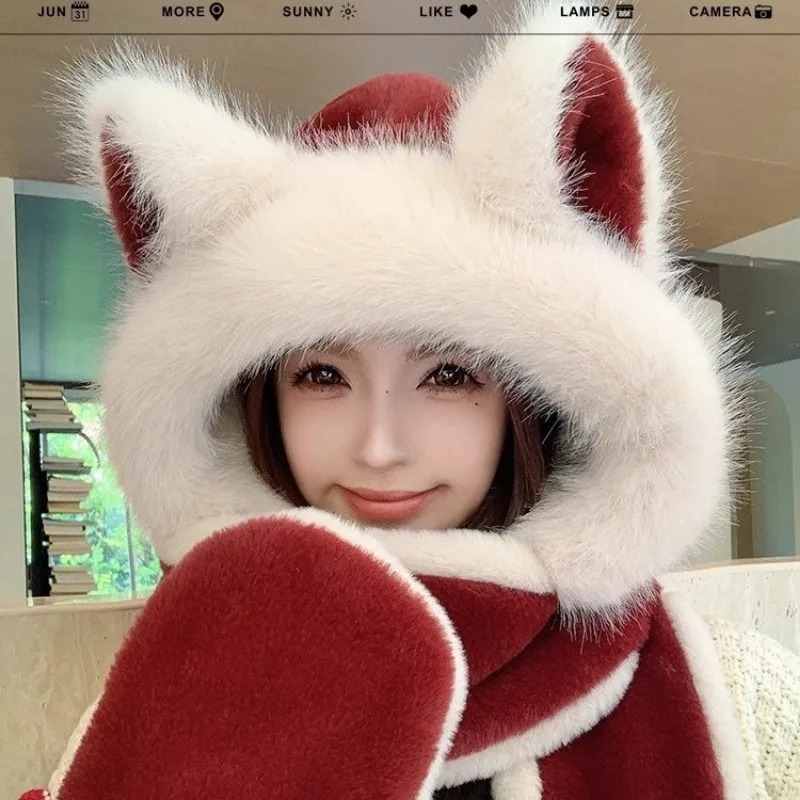 شتاء دافئ آذان الثعلب الأحمر أفخم قبعة وشاح قفازات الخريف والشتاء ركوب الدراجات قبعة الأذن التزلج #3