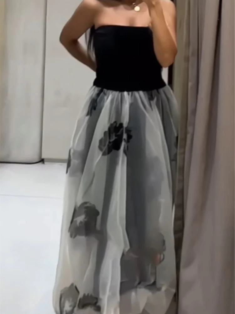 

TRAFZA женская мода 2025 года, простая прозрачная юбка из жесткой пряжи, летняя женская элегантная плиссированная длинная юбка с эластичной резинкой на талии и принтом