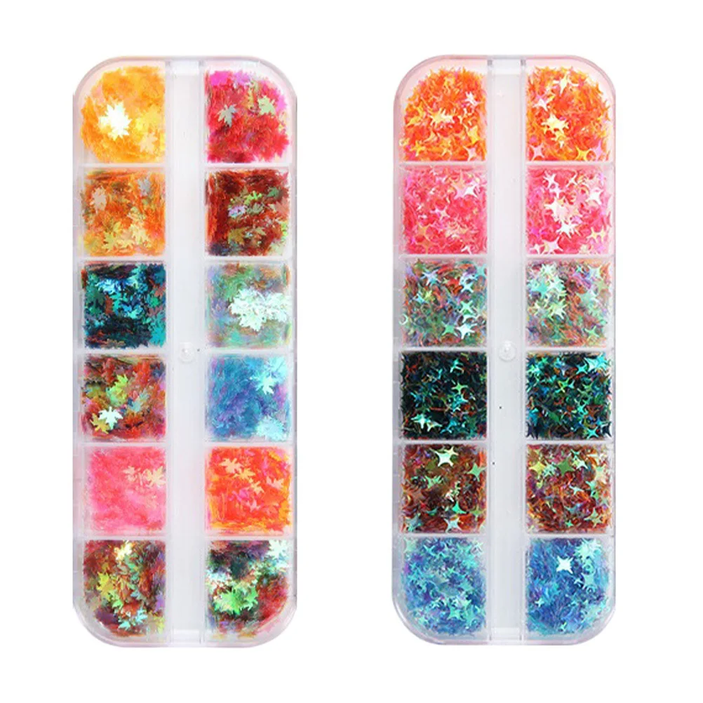2 boîtes de manucure à paillettes pour ongles, feuille d'érable colorée, fournitures d'art pour ongles d'automne, flocons d'or pour ongles