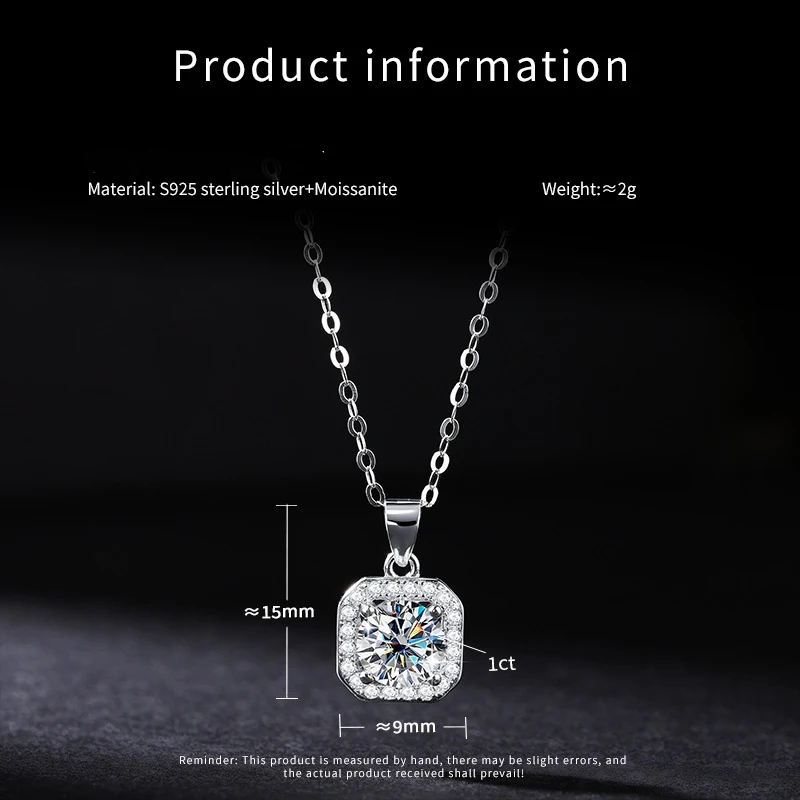 Moissanite Pendant Necklace 1ct Classic Square GRA Certified Dainty s925 Sterling Silver 18k Classic Necklaces for Women