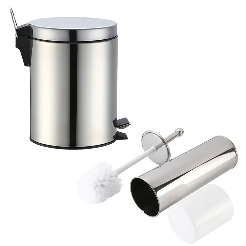 

1Set Garbage Bin Set Stainless Steel 5L Trash Can with Anti-Slip Pedal for Kitchen Bathroom Toilet Brush Organizer