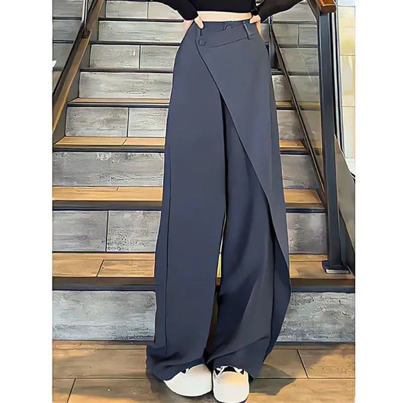 Casual Solid Loose Straight Trousers Harajuku Streetwear Y2K Irregular High Waist Wide Leg Pants Women Summer Fashion Patchwork