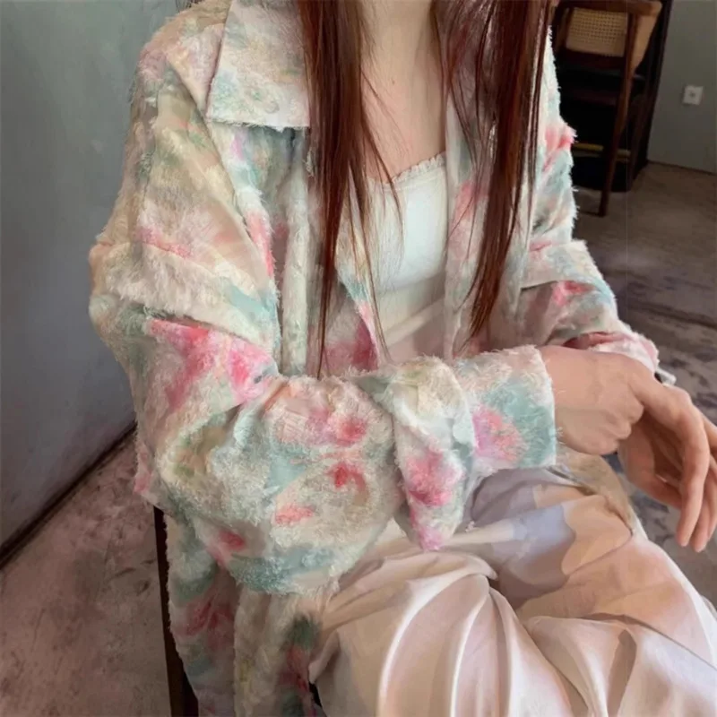

Spring Summer 2025 New Floral Design Long Sleeve Blouse Open Cardigan Shirt Women Tie Dye Oversized Sunscreen Long Blusas