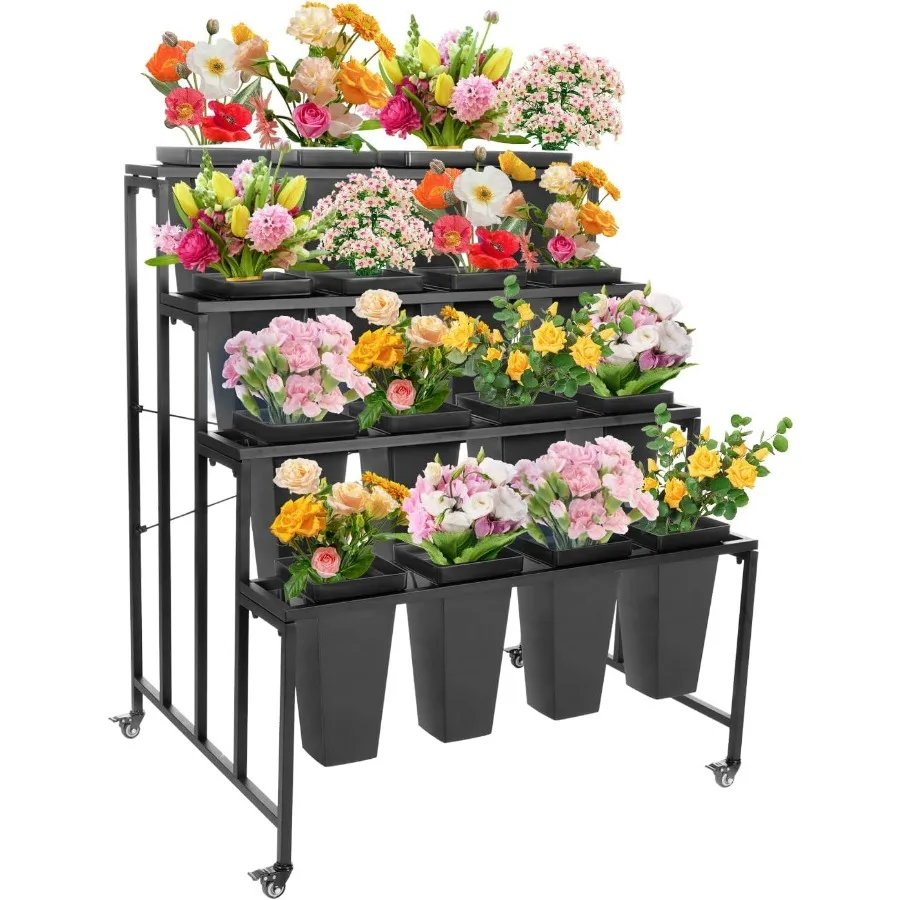 حامل عرض على شكل زهور مكون من 4 طبقات مع دلاء مربعة لديكور الحديقة الداخلي وحامل نباتي دوار قابل للتعديل مع بوك بلاستيكي متين #1
