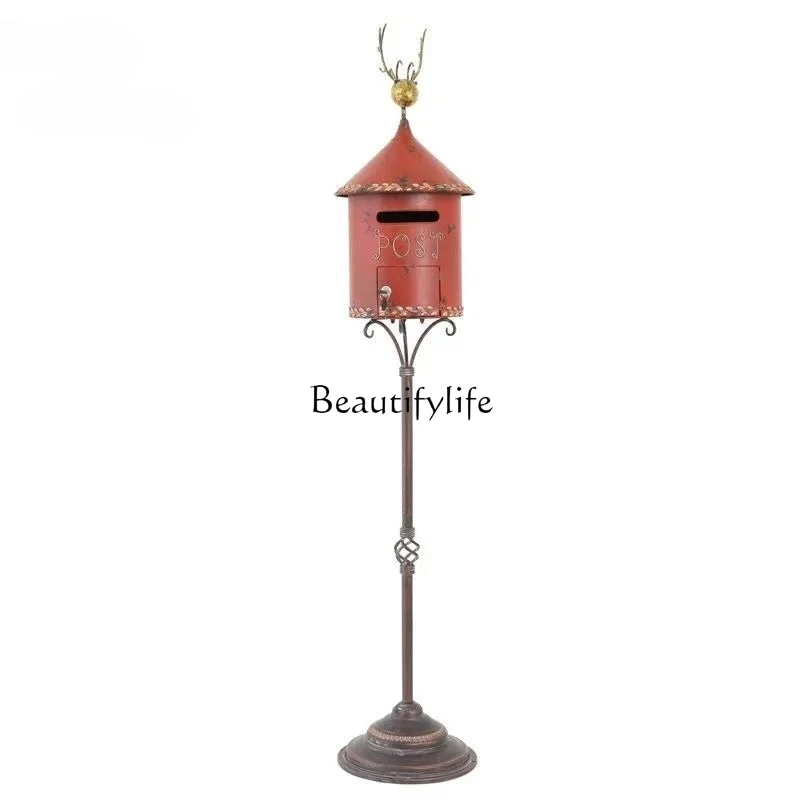 

Outdoor Wrought Iron Outdoor Mailboxes Villa Vertical Red Mailbox Garden Floor Type European Mailbox Retro Courtyard