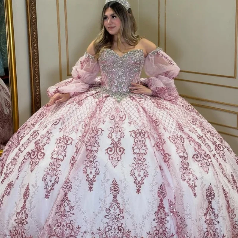 

Shiny pink Quinceanera Dress off-shoulder crystal Lace glitter decal Long tail Bow vestidos de 15 Quinceanera ﻿Customized