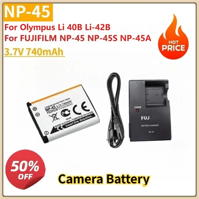 

New Li-40B NP-45 3.7V 740mAh Replacement Camera Battery +Charger for FUJIFILM NP-45 NP-45S NP-45A 45B for Olympus Li 40B Li-42B