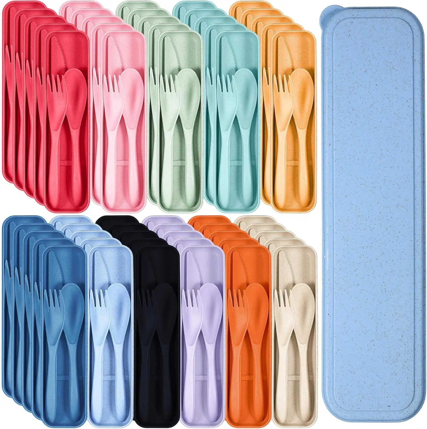 

Набор многоразовых дорожных столовых приборов из 55 предметов с чехлом, приборы из пшеничной соломы для пикника и кемпинга для взрослых