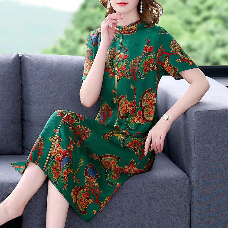 Frauen Blumen natürliche Slik Kurzarm Midi Kleid Sommer elegante Bodycon lässig Party kleid 2024 koreanische Vintage Abendkleider