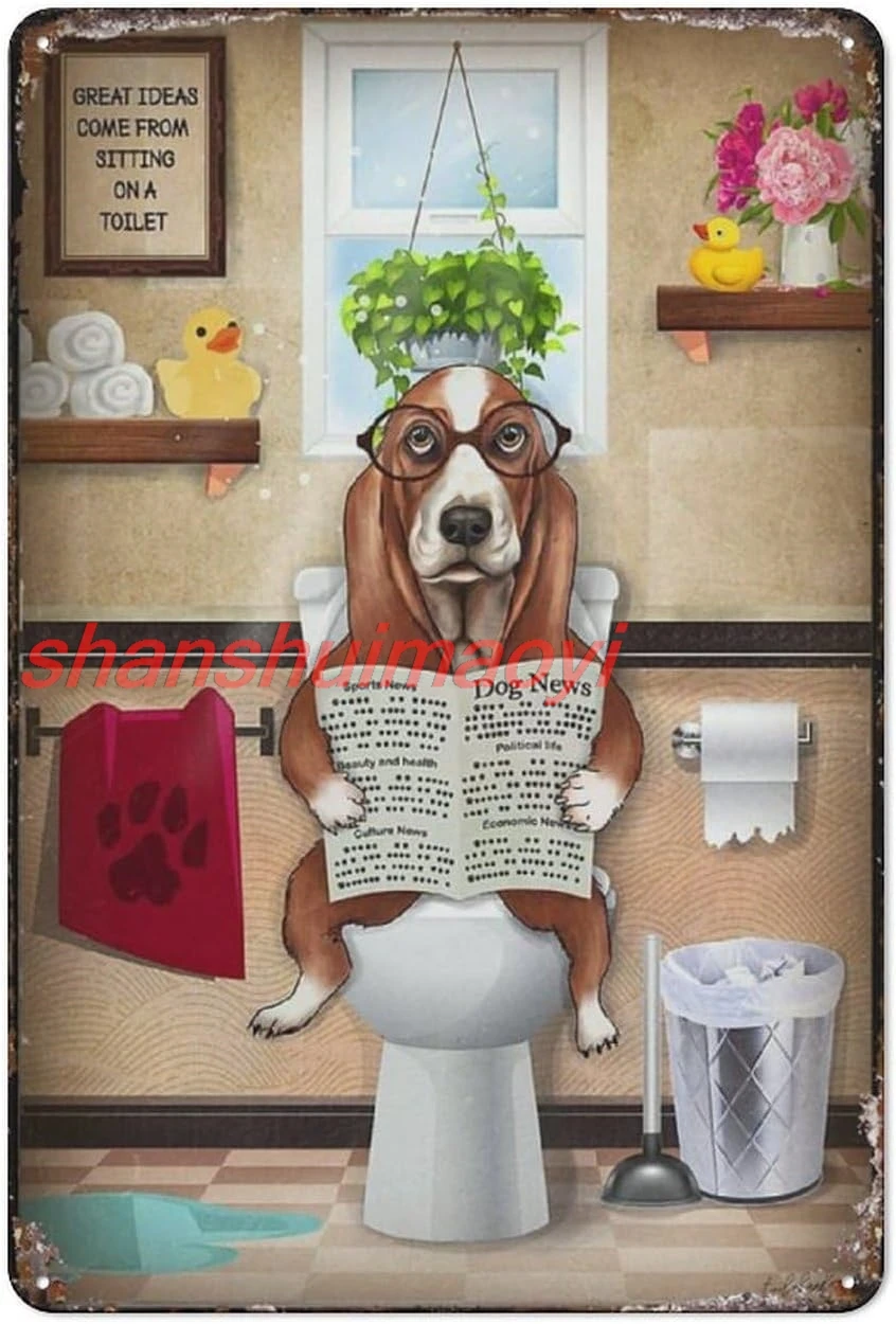 shan n Sign Basset Hound Dog Read Newspaper Toilet Bathroom Funny Funny Vintage Decor For Home Bar Room Diner Garage Kitc 1pc