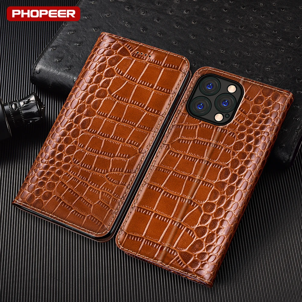 

Crocodile Textured Genuine Leather Phone Cases For iPhone 17 16 16e 15 14 13 12 11 Pro Max Plus Mini Flip With Card Slot