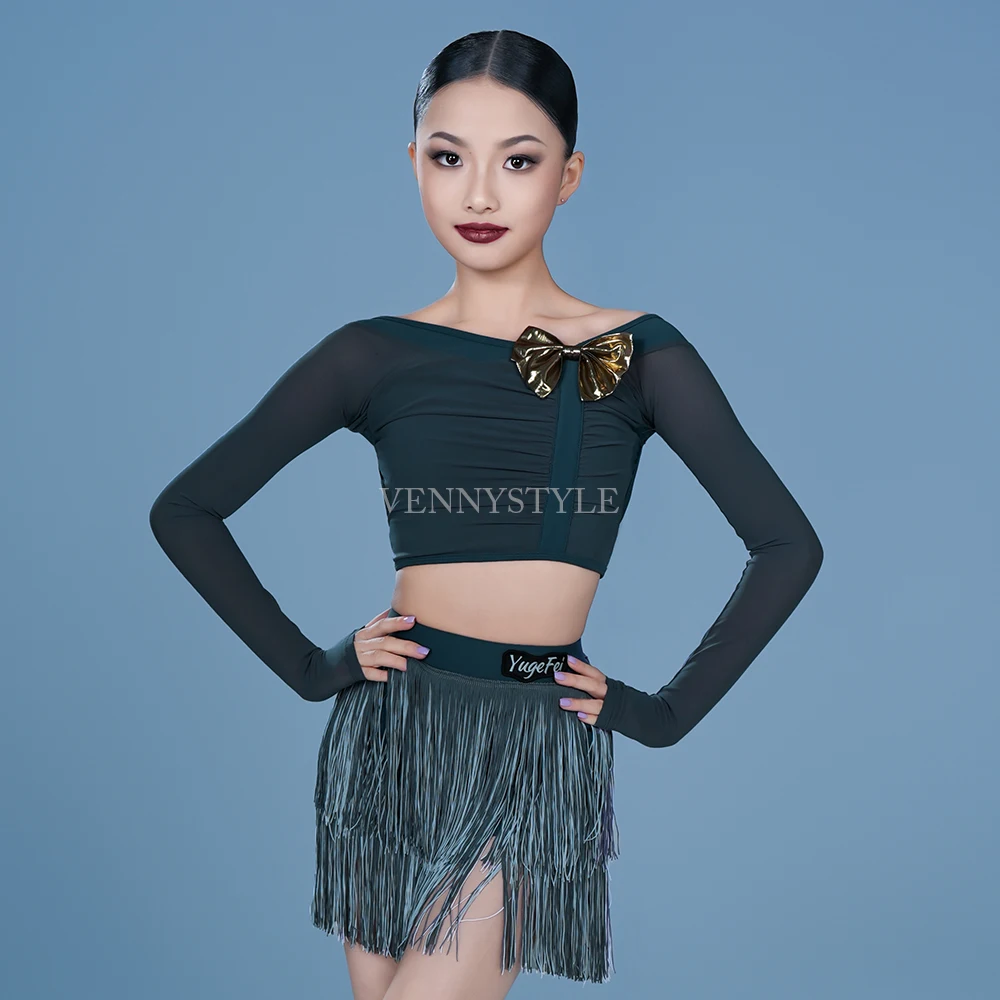 

Vennystyle Latin dance costume girls long sleeve asymmetric pleats top fringe skirt set open back practice outfit fall winter