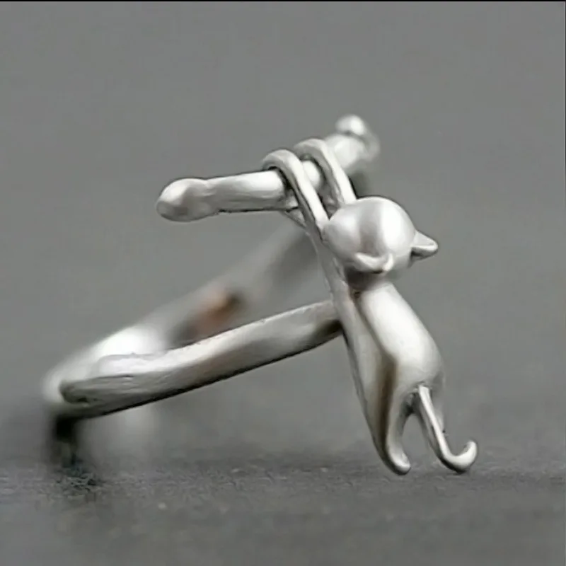 New Fashionable Personality Lazy Kitten 925 Sterling Silver Cute Cat Climbing Tree Branches Temperament Opening Rings