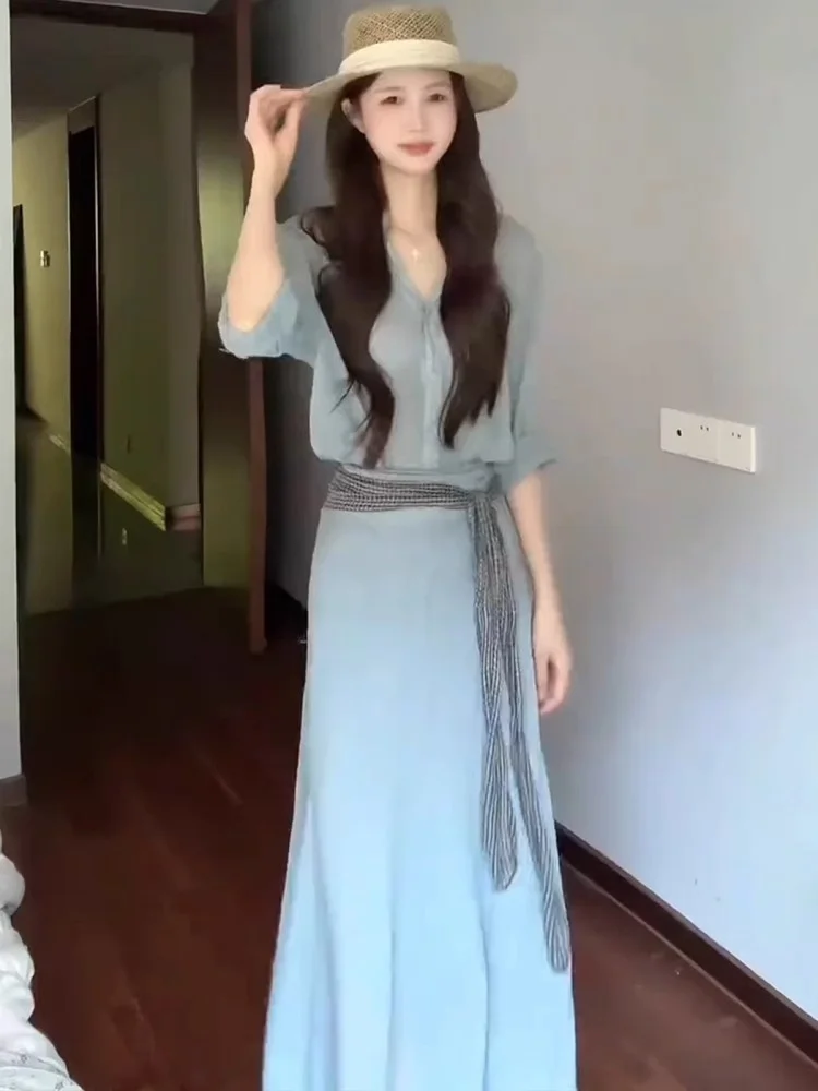 

Elegant Loose Women's Two-Piece Set Vintage Casual Style Half-length Skirt Shirt Summer New Arrival Simple Fashion Women's Wear