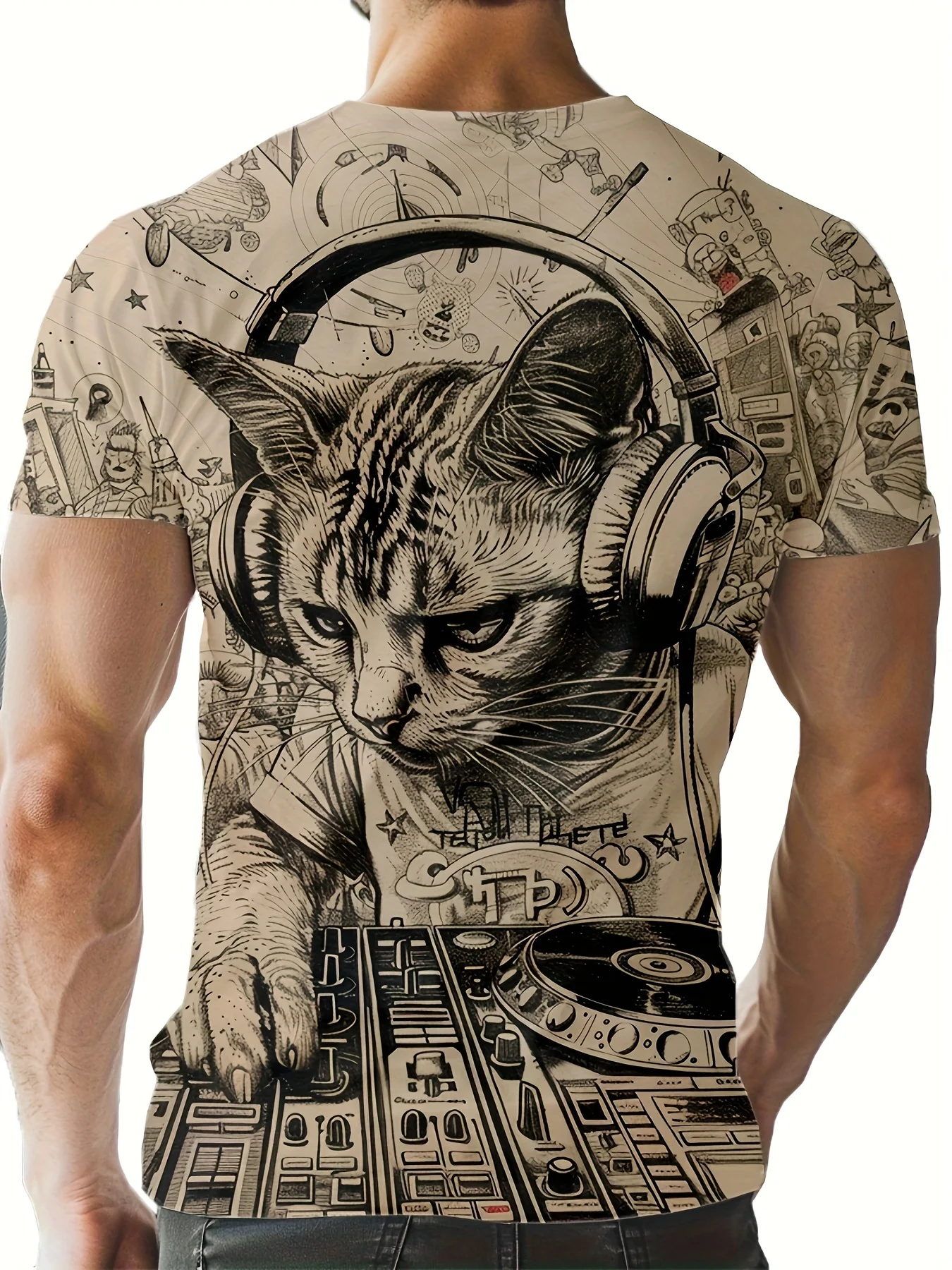 Street Casual DJ Cat Graphic T-Shirt - Unique Design, A Summer Essential Perfect for Street Style and Gym Wear