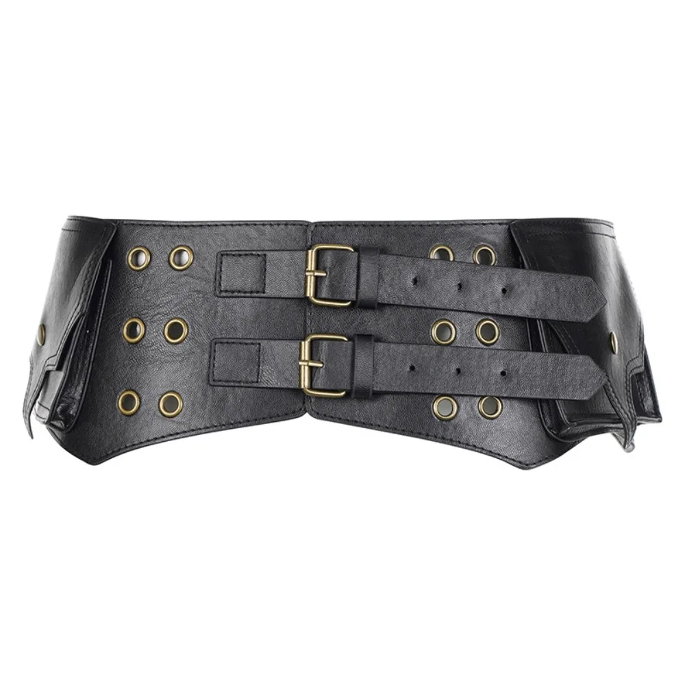 

Vintage PU Leather Round Eyelet Belt West Cowboy Y2K Wide Belts Chic Exaggerated Waistband