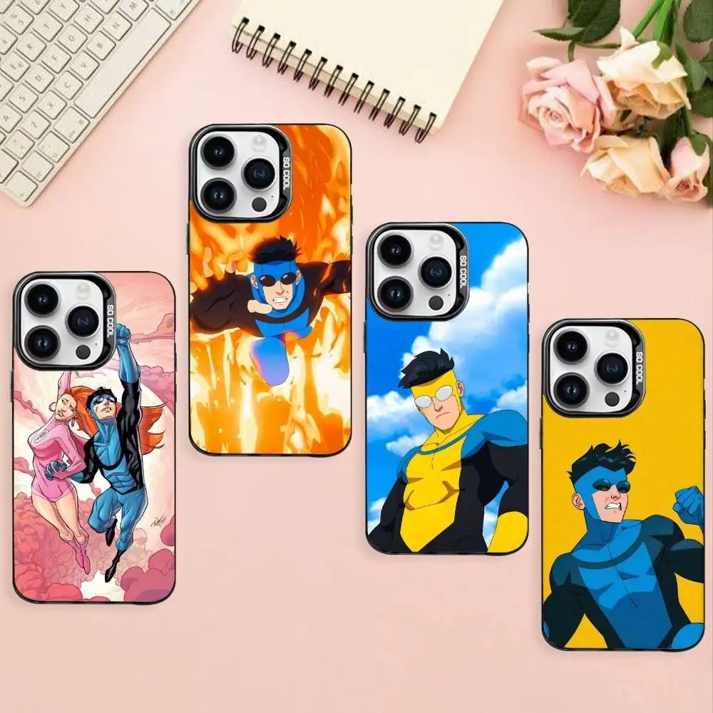 

Cartoon Popular I-Invincible Phone Case For iPhone17,16,15,14,13,12,Pro Max Black Colored Silver Plated Inside Cover