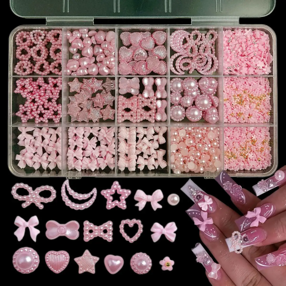 

3D Resin Pink Series Boxed Bow Flower Nail Art Decoration Cute Simulated Flat Bottom Pearl Nail Charms Supplies For Manicure DIY