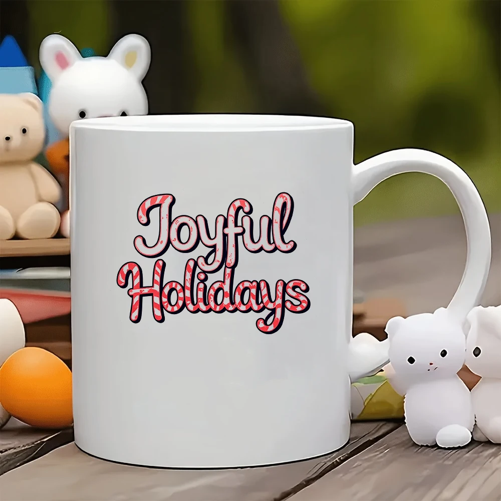 

11oz Mug + Handwritten Style Christmas Cup + Joyful Holidays + Red Striped Water Cup + Gift for Kids Families and Offices
