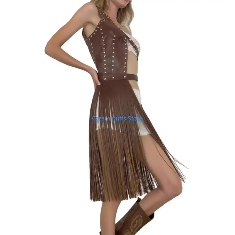 50LE Punk Fringed Waist Belt Long Suspender Belt For Women PU Leather Adjustable Accessory For Party and Stage Performances