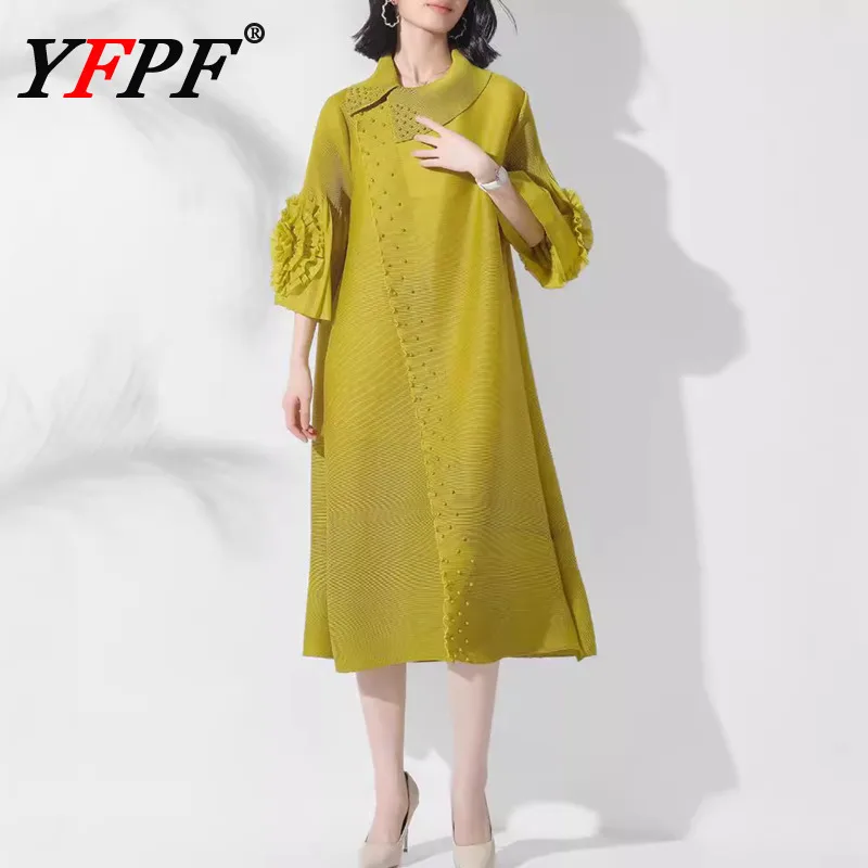 

YFPF Elegant Beading Spliced Design Women Dress Elegant Pleated Lapel Collar Flare Sleeve Mid Length Clothing 2025 New 3A265