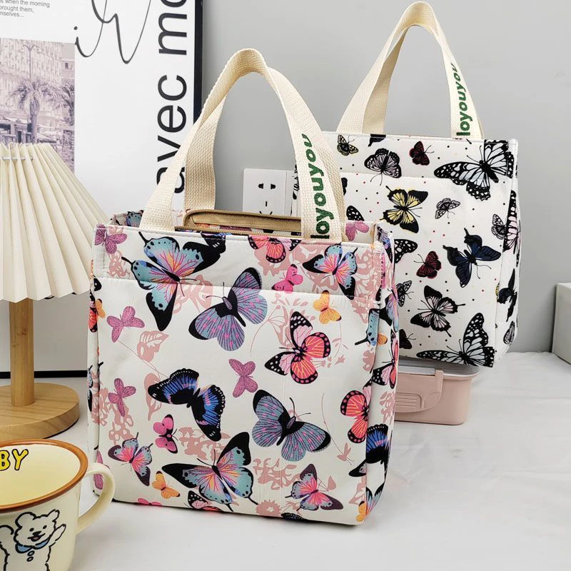 Cartoon Butterfly Printed Pattern Canvas Large Capacity Tote Bag Office Worker Lunch Handbag Storage Bags