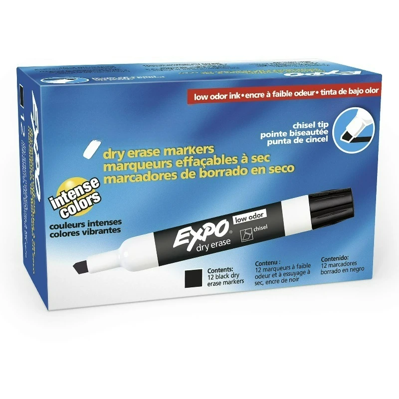 

Маркер для сухого стирания с низким запахом, со скошенным наконечником, черный, 12 штук