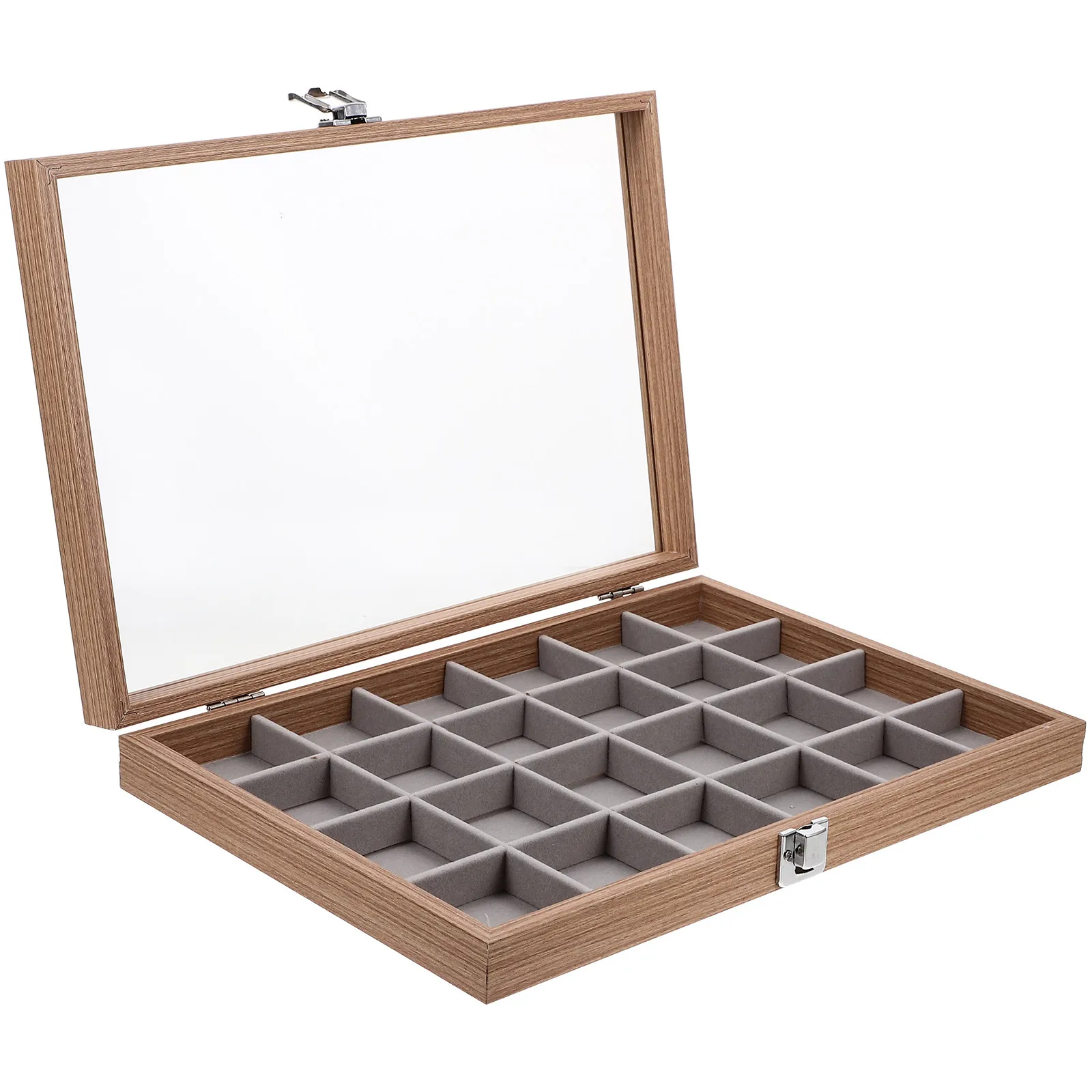 

Wooden Jewelry Display Box with Clear Glass Lid Grid Storage Organizer for Earrings Rings Necklaces Bracelets Portable Desktop