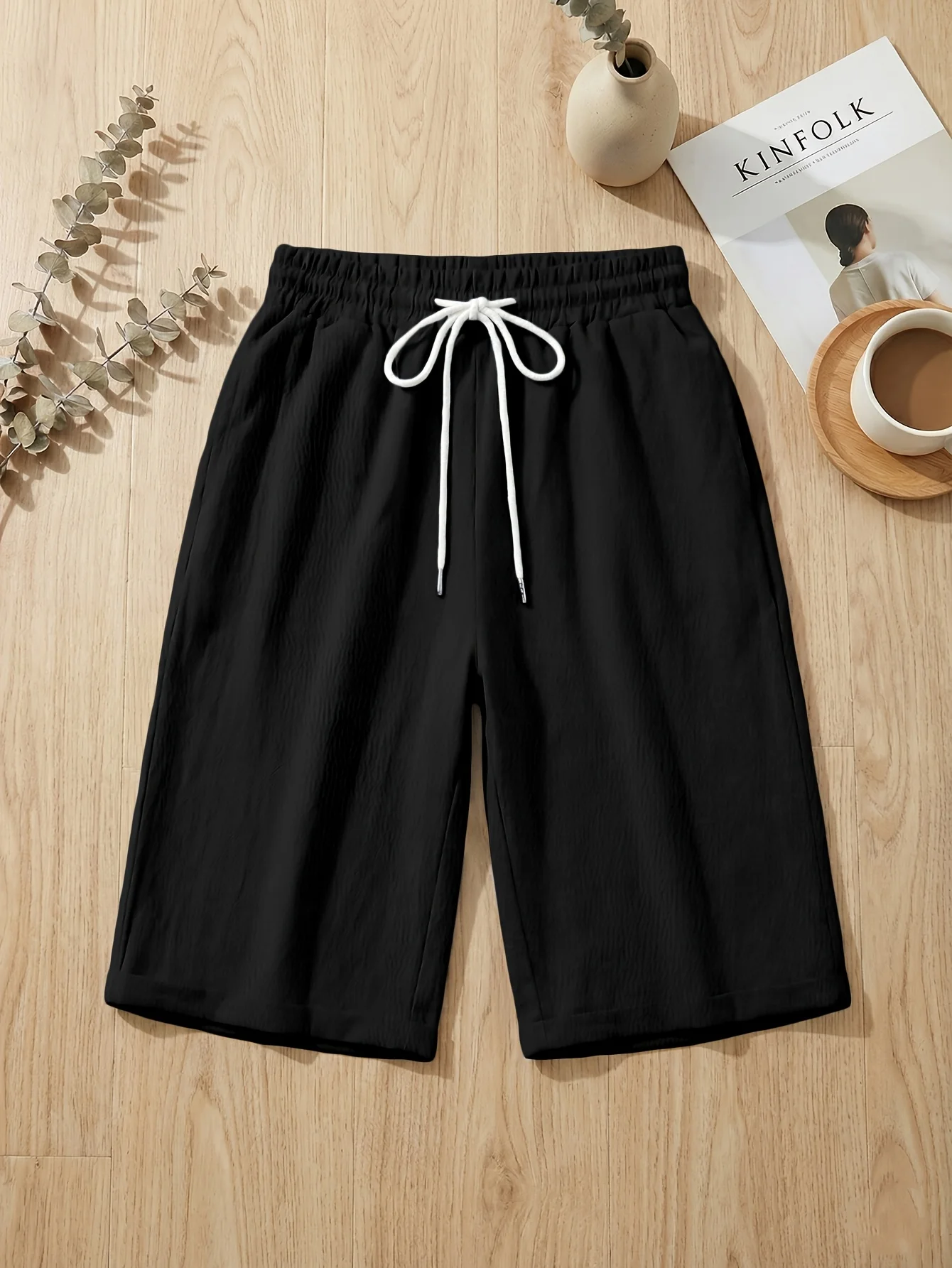 

Solid Color Wide Leg Cropped Shorts for Comfortable and Loose Fit, High Waisted Drawstring Shorts for Summer Daily Wear