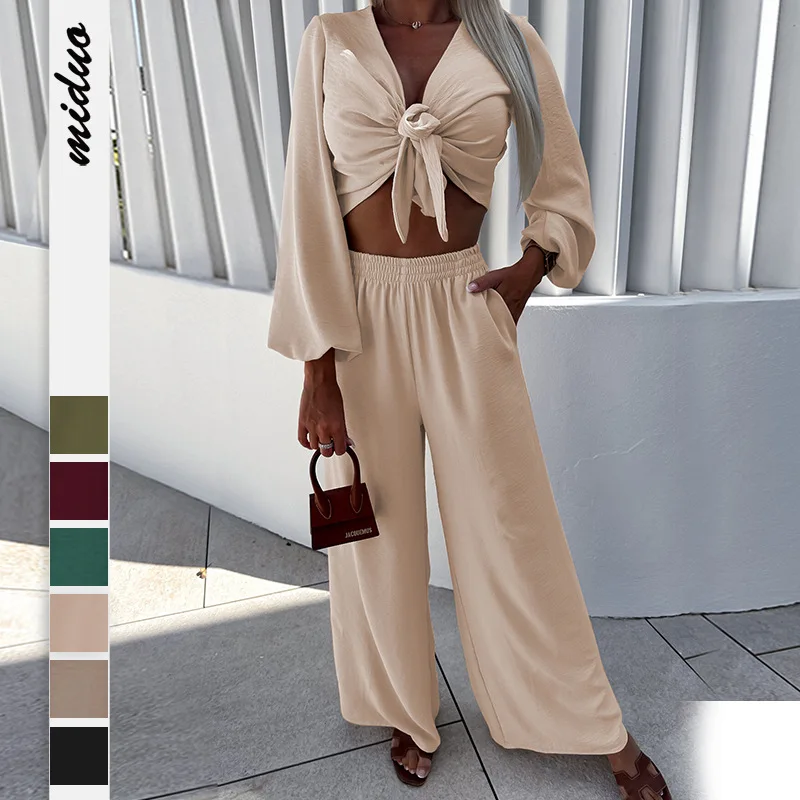 

Two-Piece Suit for Women Tied Cardigan Long-Sleeved Shirt Wide Leg Trousers Europe and The United States Fashion Autumn New 2023