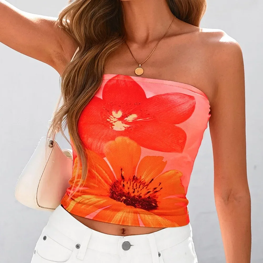 Women American Hot Girl Style Digital Print Tube Crop Top Bandeau Strapless Slim Fit Soft Stretchy Breathable Party Daily