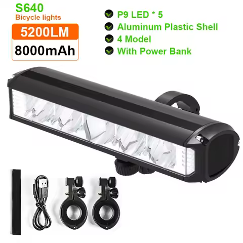 자전거 라이트 8000mAh 5 LED 자전거 라이트 전면 충전식 LED 손전등 5200LM 헤드라이트 보조베터리 자전거 액세서리