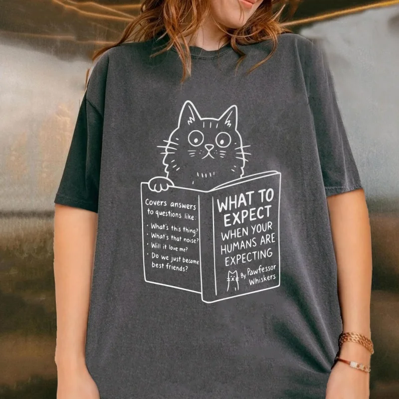 Cat Pregnancy Announcement T-Shirt Funny Expecting Mom Tee Vintage Round Neck Printed T Shirt Washed Cotton Short Sleeve Top